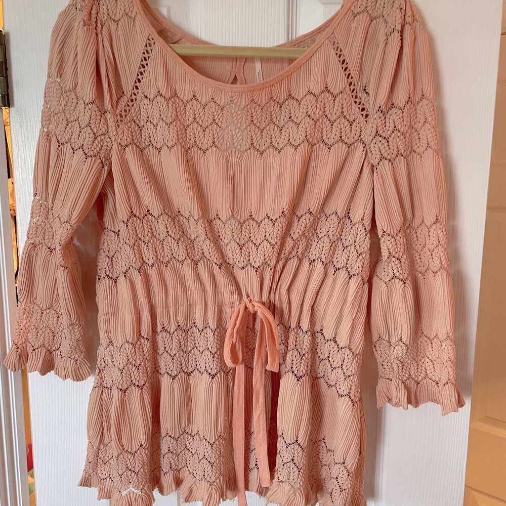 Free People Peach Crochet-Trim Peasant Blouse